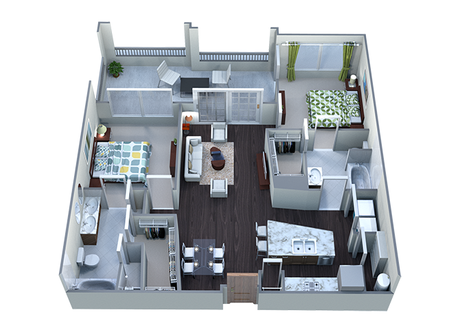 Floor plan for 2 beds, 2 baths, 1205 sqft
